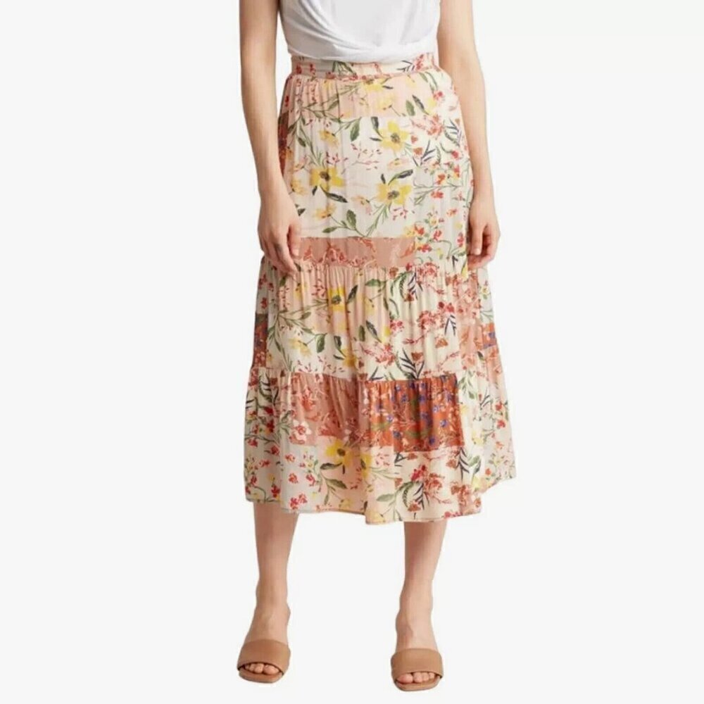 T Tahari Skirt Womens M Tiered Midi Patchwork Floral Prairie Cottage Hippie Boho